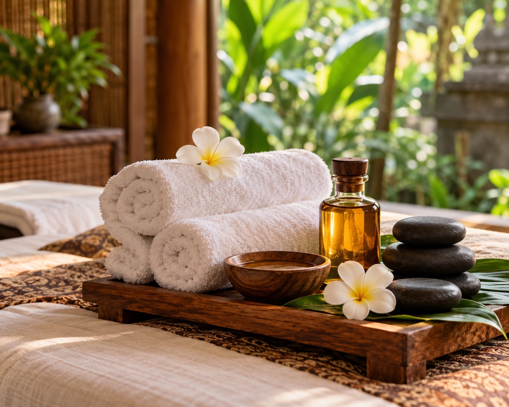 Balinese spa setting with towels, massage oil, stones and frangipani flowers at Swahita Ubud